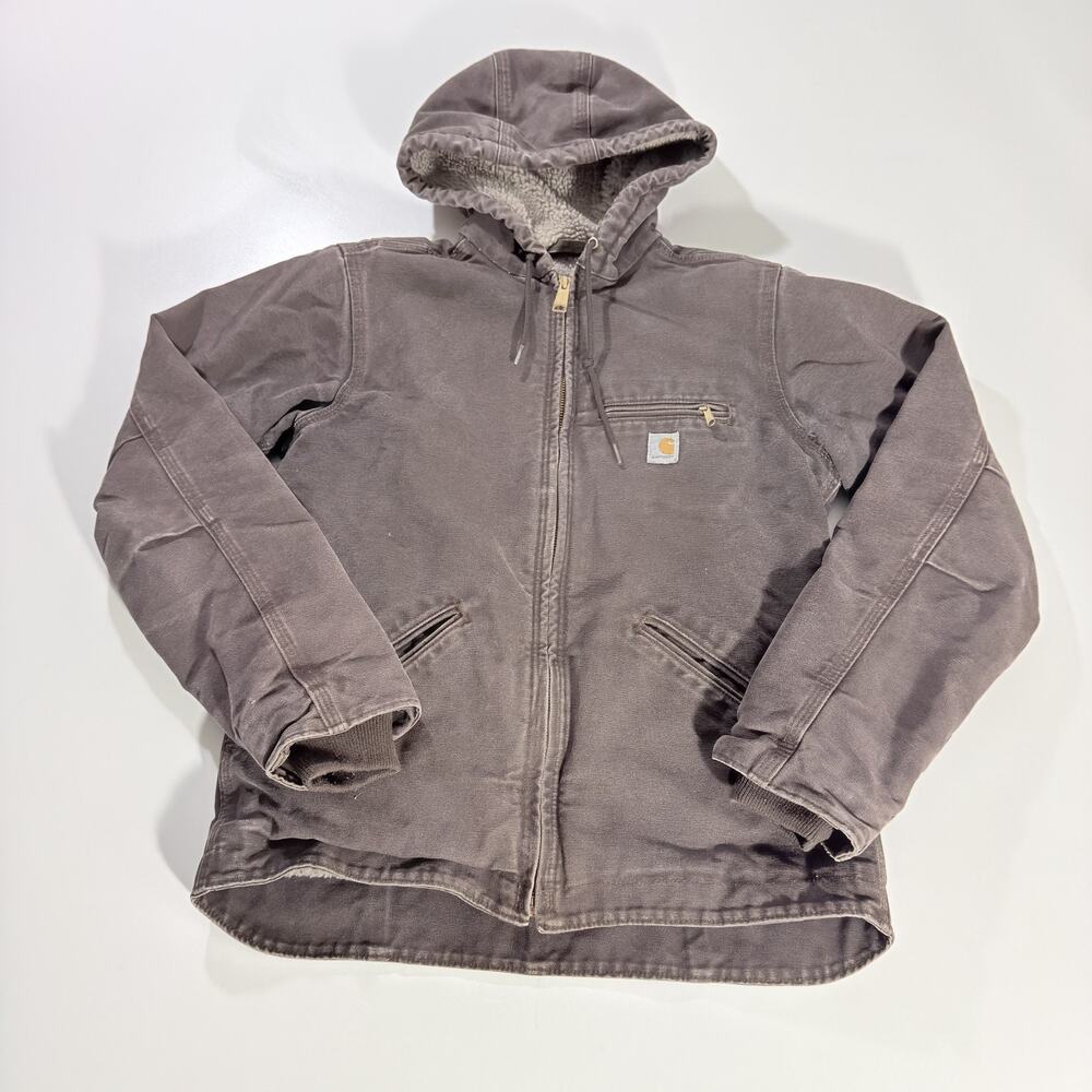 Carhartt Mens XS Hooded Work Jacket Faded Coffie Brown Vintage Canvas Work Coat